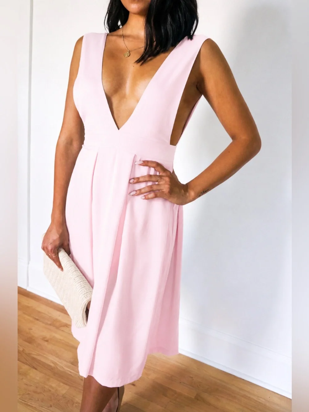 Pink Plunge V Neck Midi Dress - Picture 4 of 9